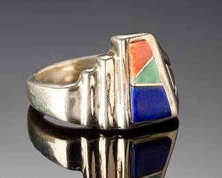 Southwestern Sterling Silver Multi-Stone Inlay Ring | Spiny Oyster, Lapis | Sz 5.75