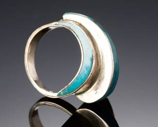 Vintage Mexican Modernist Sterling Silver Turquoise Inlay Panel Ring FCA Taxco