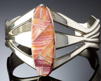 Native American Sterling Silver Spiny Oyster Inlaid Wide Cuff Bracelet