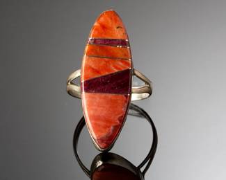 Native American Sterling Silver Spiny Oyster Inlay Ring - Signed G, Sz 7