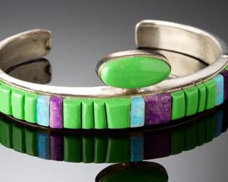 Signed Native American Sterling Silver Gaspeite Sugilite Opal Inlay Cuff Bracelet