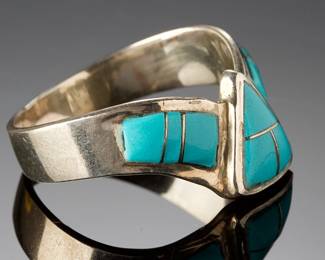 Native American Sterling Silver Turquoise Channel Inlay Ring Sz 9 Signed LD