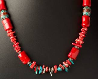 Bella Linda Red Coral Turquoise Sterling Silver Necklace 24" 79.69g