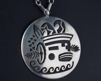 Hopi Benjamin Tzunie Jr. Silver Overlay Kachina Pendant Necklace Native American