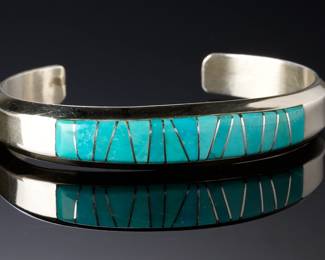Native American Turquoise Channel Inlay Sterling Silver Cuff Bracelet, Signed M