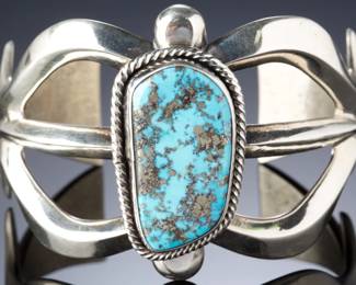 Navajo Heavy Sandcast Sterling Silver Turquoise Cuff Bracelet SIGNED AA 86g