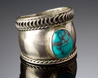 Southwestern Sterling Silver Turquoise Wide Band Ring, Size 8.5, Marked 925