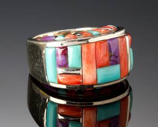 Native American Sterling Silver Multistone 3-Sided Inlay Ring Sz 7.75