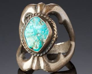 Antique Navajo Sandcast Silver Turquoise Ring SZ 6.25 Native American Jewelry
