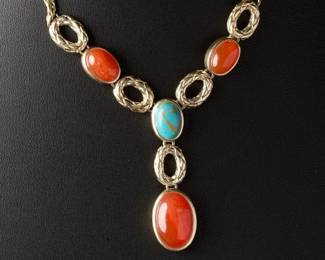 Monet Vintage Gold-Tone Turquoise Coral Cabochon Y-Drop Costume Necklace