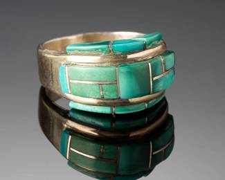 Signed SC Sterling Silver Turquoise Channel Inlay Ring Size 7.25 USA Made