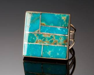 Navajo Harold Smith Turquoise Inlay Sterling Silver Ring Sz 7.5 Native American
