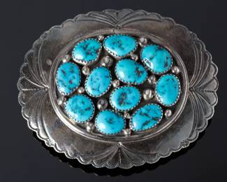 Navajo Sterling Silver Turquoise Cluster Belt Buckle Native American