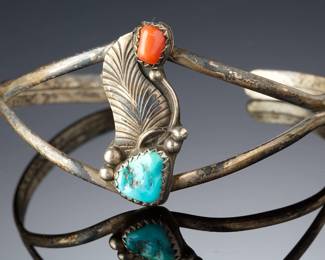 Vintage Navajo Sterling Silver Turquoise Coral Cuff Bracelet Native American