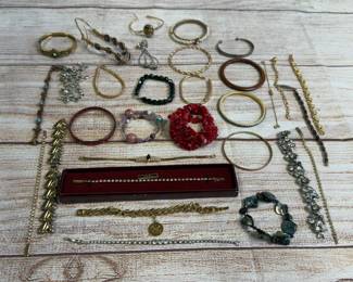 Large Lot Vintage Costume Jewelry Bracelets, Approx 30 Pcs, Bangles, Rhinestones