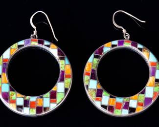 Zuni Multi Stone Inlay Sterling Silver Hoop Earrings Native American Signed M