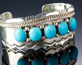 Navajo Tom Lewis Sterling Silver Turquoise Scalloped Cuff Bracelet, 60.95g