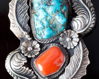 SIGNED Navajo Turquoise Coral Sterling Silver Large Leaf Floral Pendant ST
