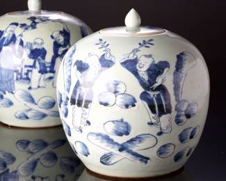 Pair of Antique Chinese Blue & White Ginger Jars, Scholars & Boys, Late 19th/Early 20th C.