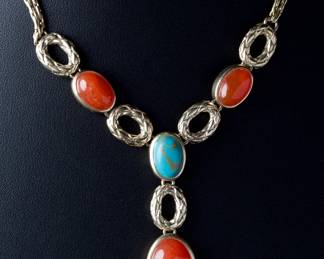 Monet Vintage Gold-Tone Turquoise Coral Cabochon Y-Drop Costume Necklace
