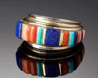 Important Charles Loloma Hopi Gold & Silver Cobble Inlay Ring Lapis Coral Turquoise Sz 8