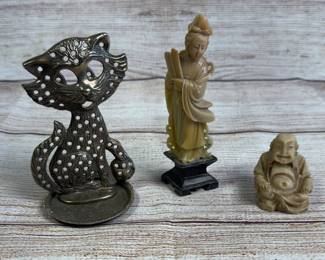 Lot of 3 Decorative Statues: Buddha, Asian Figure, & Metal Cat Figurine