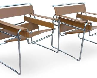 Pair of Wassily Style Chairs, Italian Made Replica, Tan Leather & Chrome