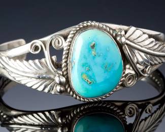 Navajo John Silversmith Turquoise Sterling Silver Cuff Bracelet Native American
