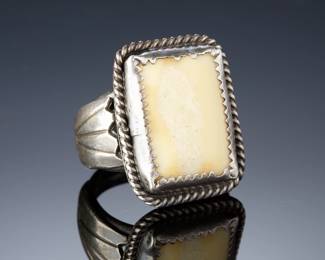 Vintage Native American Fossilized Walrus Ivory Sterling Silver Ring Sz 7.75