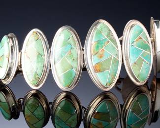 Signed KC Sterling Silver Turquoise Inlay Graduated Hinged Bracelet 64.6g