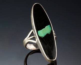 Vintage Native American Sterling Silver Turquoise Inlay Long Oval Ring Size 6.25