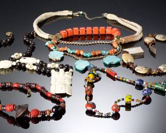 Vintage Ethnic Bohemian Statement Necklaces Lot: Turquoise, Coral, Millefiori, Carved