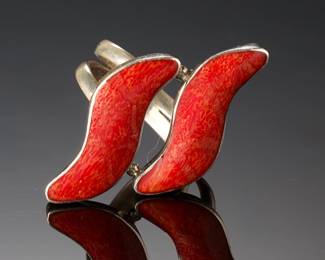 Modern Sterling Silver & Red Coral Statement Ring, Size 8.25, 5.77g