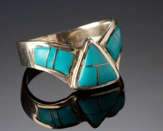 Native American Sterling Silver Turquoise Channel Inlay Ring Sz 9 Signed LD