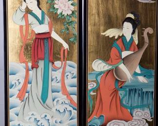 Vintage Chinese Style Gold Leaf Lacquer Panels, Set of 4 Maidens