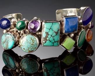 NAKAI Navajo Sterling Silver Multistone Cluster Cuff Bracelet 6.75" 56g