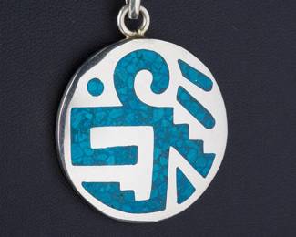 Vintage Mexico Alpaca Turquoise Chip Inlay Medallion Necklace 23.5" - 22.06g