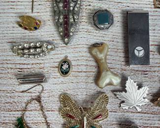 Vintage Costume Jewelry Lot: 30 Pins & Pendants, Sterling Silver, Enamel