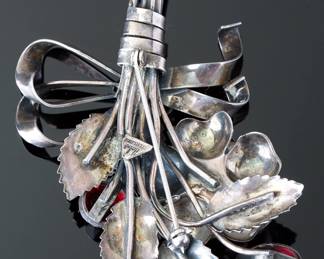 Vintage Hobe Sterling Silver Floral Bouquet Brooch Pin, Red Rhinestones