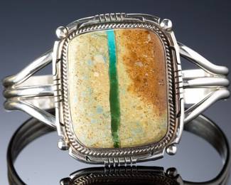 Native American Sterling Silver Royston Ribbon Turquoise Cuff - Signed B