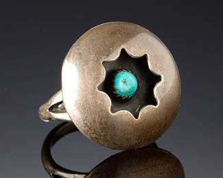 Vintage Navajo Shadowbox Silver Turquoise Ring SZ 6.75 - Unmarked