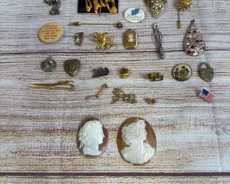 Vintage Assorted Pins & Pendants Lot - Sterling Silver, Cameos, Costume Jewelry
