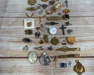 Lot of 50 Vintage Mixed Pins, Pendants & Brooches, Sterling Silver Included
