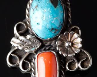 Signed Native American Navajo Sterling Turquoise Coral Leaf Floral Pendant