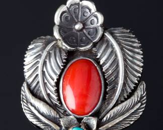 Navajo Sterling Silver Coral Turquoise Flower Leaf Pendant Signed ST