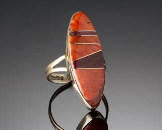 Native American Sterling Silver Spiny Oyster Inlay Ring - Signed G, Sz 7