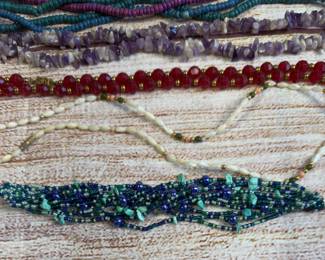 Vintage Costume Jewelry Necklace Lot Beaded Stone Chip Shell Bohemian Style