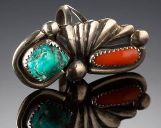 Navajo Native American Sterling Silver Turquoise Coral Ring SZ 5.25