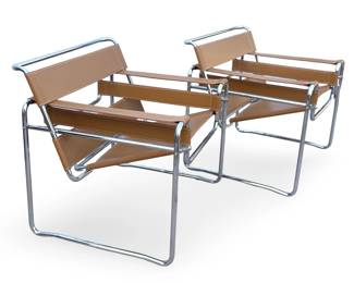Pair of Wassily Style Chairs, Italian Made Replica, Tan Leather & Chrome
