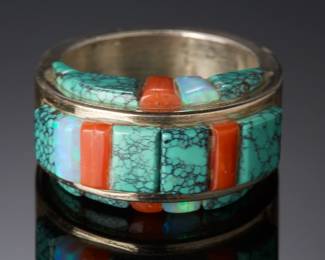 Native American Sterling Silver 3-Sided Inlay Ring Turquoise Coral Opal SZ 10.25